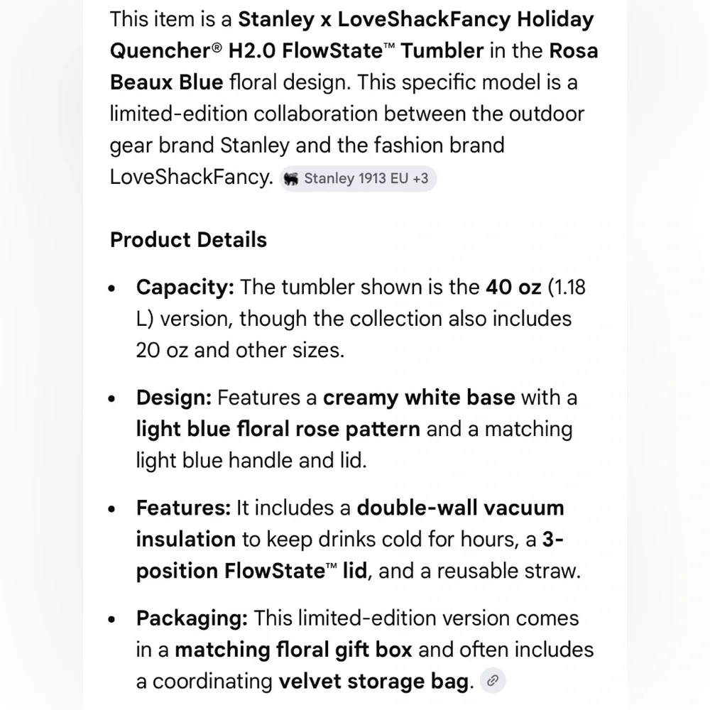 Stanley LoveShackFancy 40 oz  Tumbler in Rosa Beaux Blue Floral Límited Edition